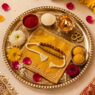 A decorative gold-toned tray arranged with a yellow prayer cloth, a beaded wrist strap, a lit oil lamp, bowls of red powder and white grains, yellow and red flowers, rose petals, and sweets on a light beige surface.