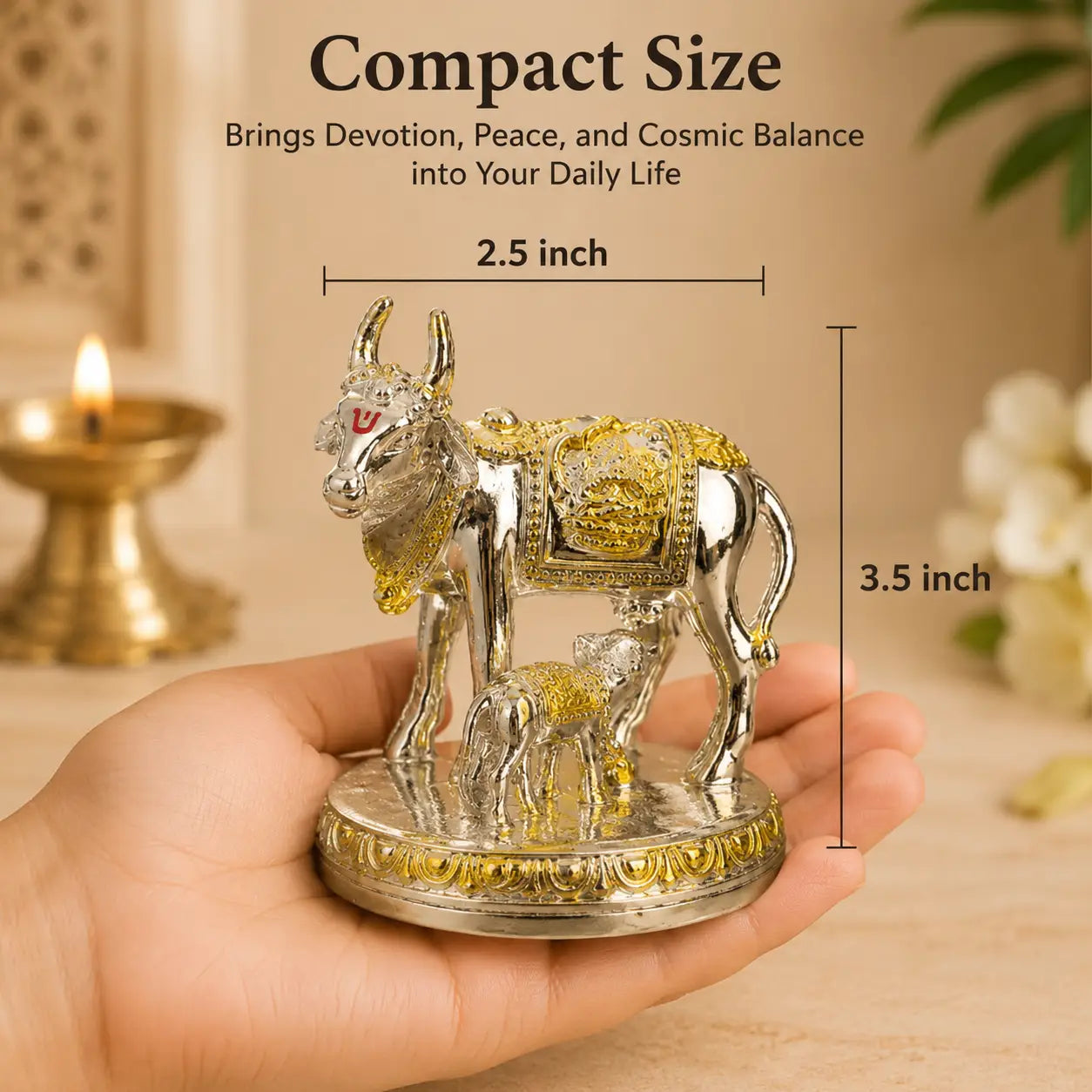 DharmikLife 3.5-inch Kamadhenu Cow and Calf idol shown in hand for size reference.