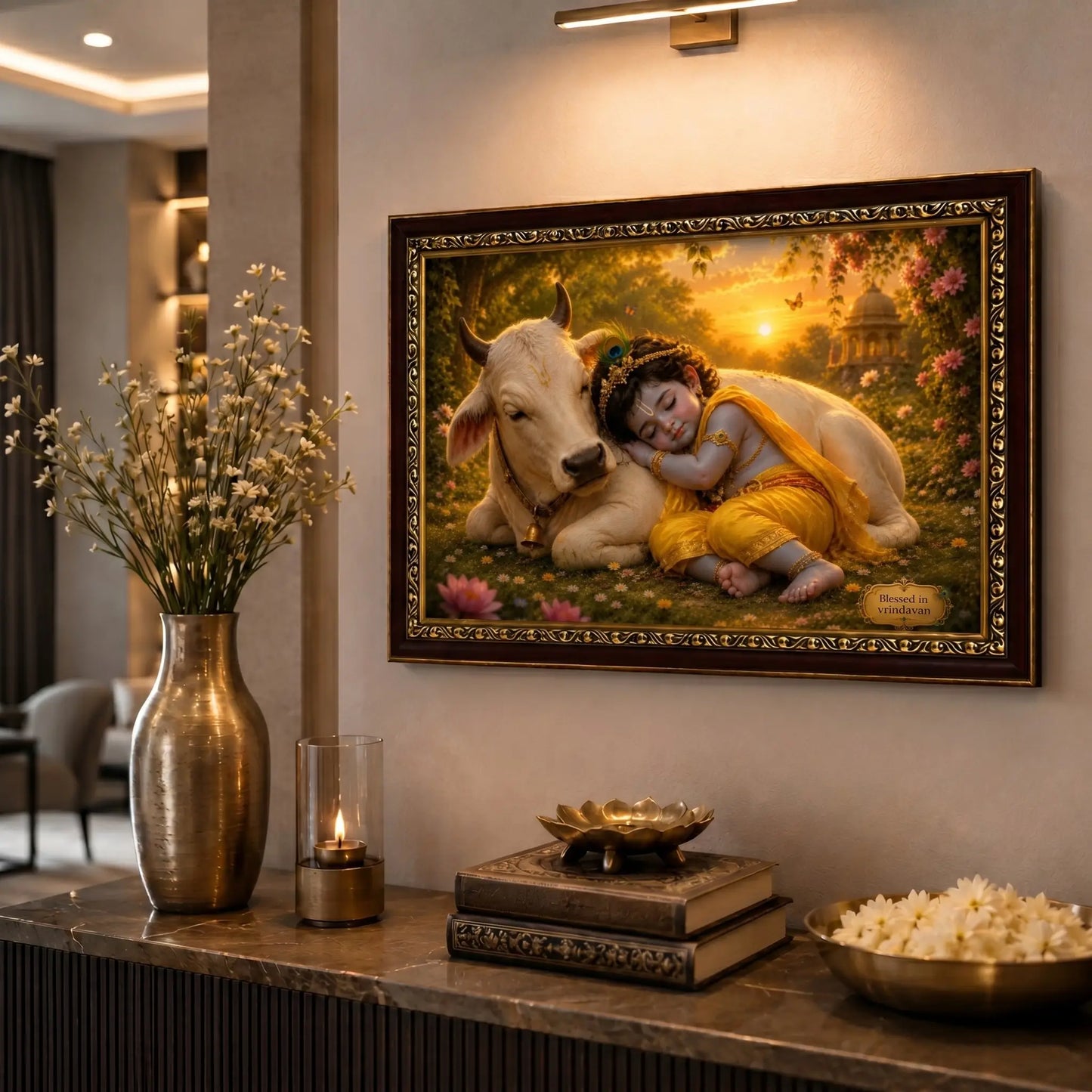 Framed artwork of Baby krishna and cow in a garden setting on a wall above a decorative table.