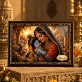 Framed artwork of Yashoda holding baby krishna with decorative elements in the background