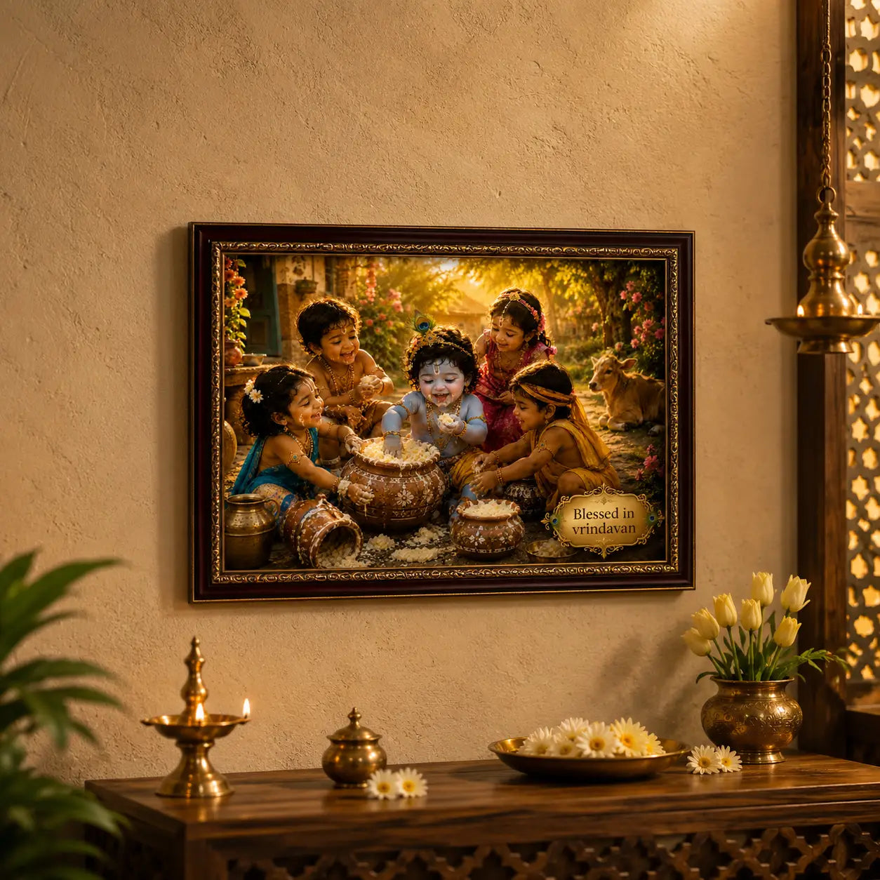 Framed artwork of Bal krishna with friends playing , on a wall with decorative items on a table below.
