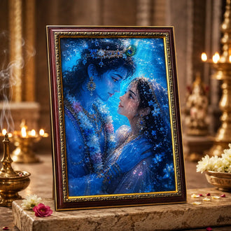 Framed artwork of Radha krishna with blue lighting, placed on a decorative table.