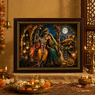Framed artwork of Radha Krishna in traditional attire with decorative elements on a table.