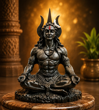 A dark resin Lord Shiva statue in a meditative seated pose, displayed on a round wooden base with a warm golden bokeh background and a blurred potted plant. - Dharmik Life