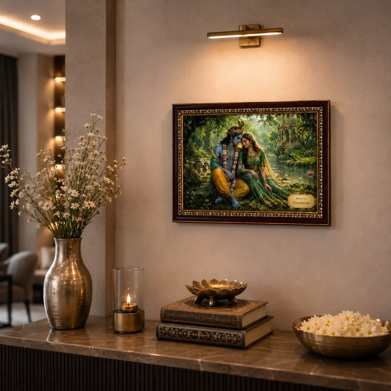 Premium Radha Krishna photo frame displayed in a modern home setting, featuring the divine couple in a serene Vrindavan garden. Ideal for spiritual décor, home temples, and gifting. DharmikLife.