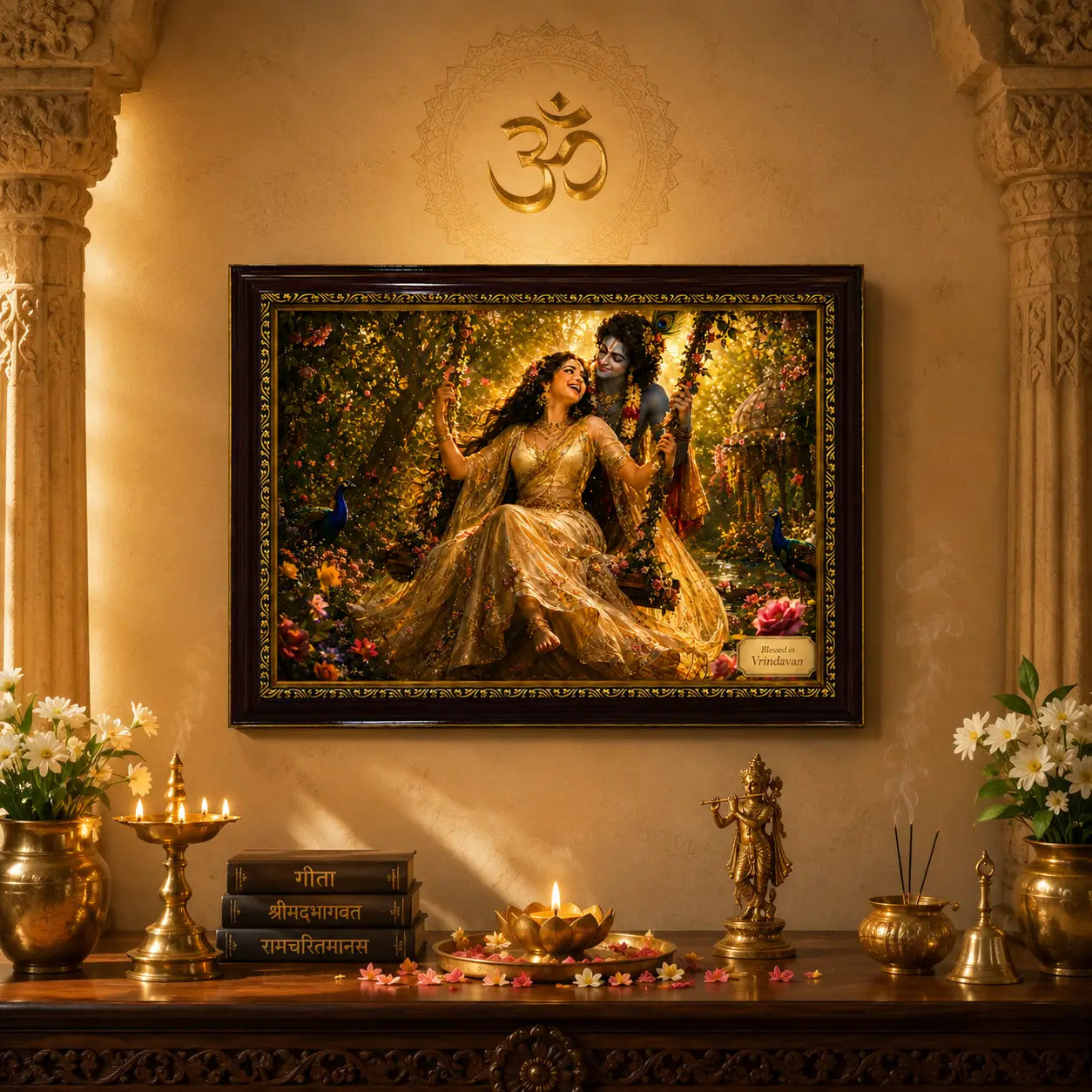 Framed artwork of Radha Krishna in a garden with decorative items on a table below.