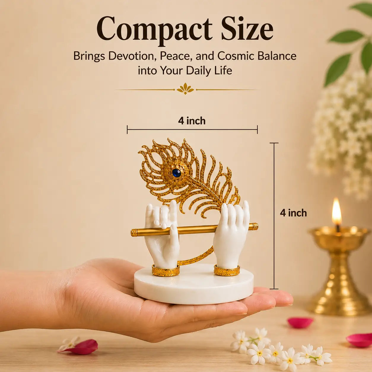 DharmikLife Krishna Flute & Peacock Feather décor (4 x 4 inch), compact spiritual showpiece ideal for home temples, desks, and sacred spaces.