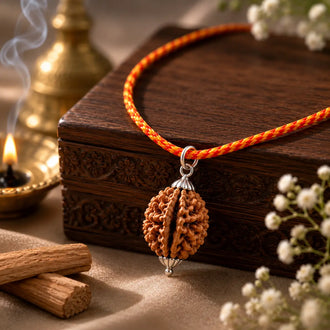 Two Mukhi Rudraksha placed on a wooden box