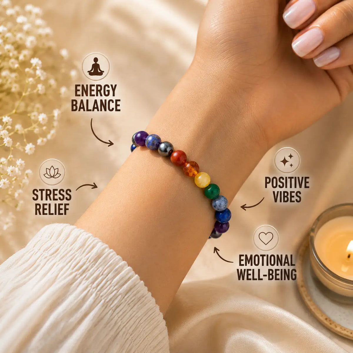 7 chakra beaded bracelet on a wrist with text labels for energy balance, stress relief, positive vibes, and emotional well-being.