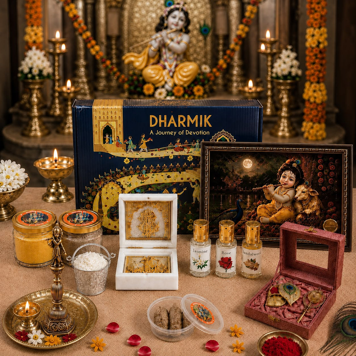 premium krishna janmashtmi box by dharmik life shown with all the items beautifully with krishna idol in background