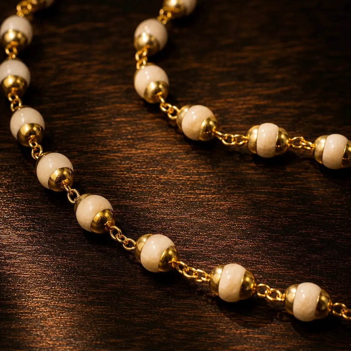 Gold Plated Tulsi Mala ( 54 Beads, 6 mm), placed on wooden plate