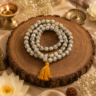 Original Japa Mala 10mm beads placed on a circular wooden plate