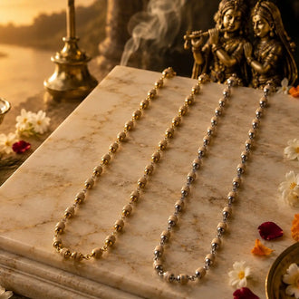 Tulsi Mala Combo (Silver and Gold plated) – 54 Beads, 6 mm, placed on white marble