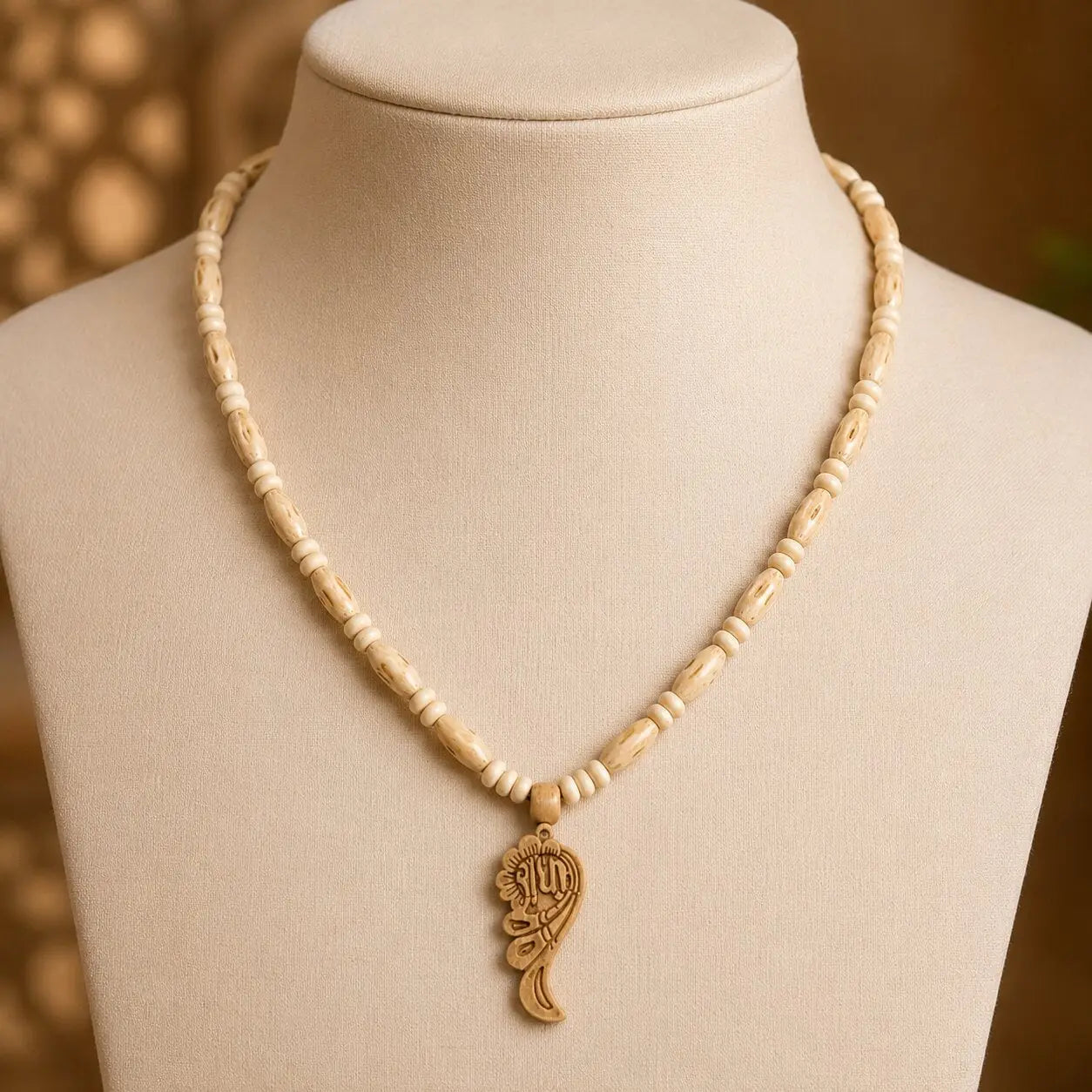 tulsi mala with radha shankh pendant on mannaquin