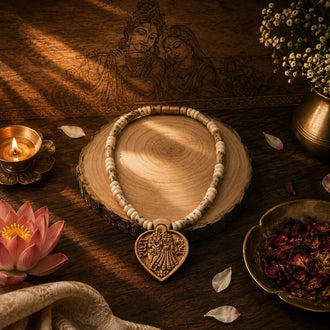 Original Tulsi Mala with Radha Krishna heart pendant made from 10 mm Tulsi wood beads, sacred Vrindavan design