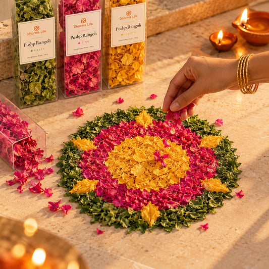 Pushp Rangoli – Natural Dried Flower Rangoli Set of 3 (Green, Pink, Yellow) | 3 × 100 g