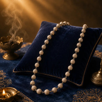 Original Silver-Plated Tulsi Mala – 54 Beads, 10 mm, placed on a blue pillow