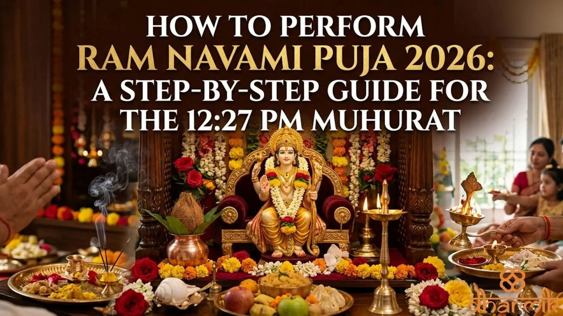 A decorated home altar with an idol of Lord Ram adorned with flowers and garlands, surrounded by diyas, incense, fruits, and prasad, as a family performs Ram Navami puja with aarti during the auspicious 12:27 PM muhurat.