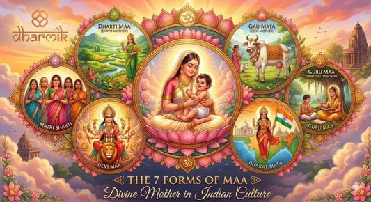 Divine Mother in Hinduism showing 7 forms of Maa including Janani, Dharti Maa, Gau Mata, Guru Maa, Bharat Mata, Ganga Maa and Devi Maa