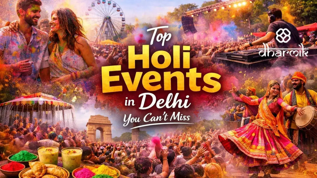 Vibrant horizontal cover image of Holi celebrations in Delhi featuring crowds throwing colorful powder, a DJ performing, traditional dancers, India Gate in the background, and festive sweets in the foreground under a sky filled with bright gulal.