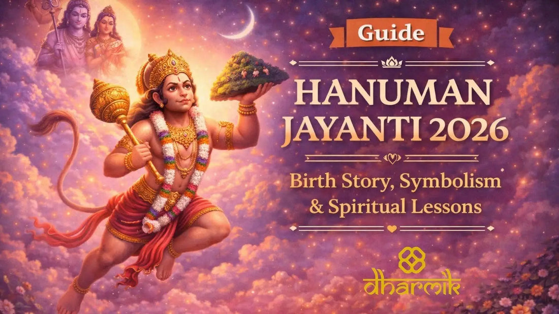 A pastel-toned Hanuman Jayanti 2026 cover showing Lord Hanuman flying with a mountain and mace against a celestial sky, and Shiva on Parvathi on top with centered title text.