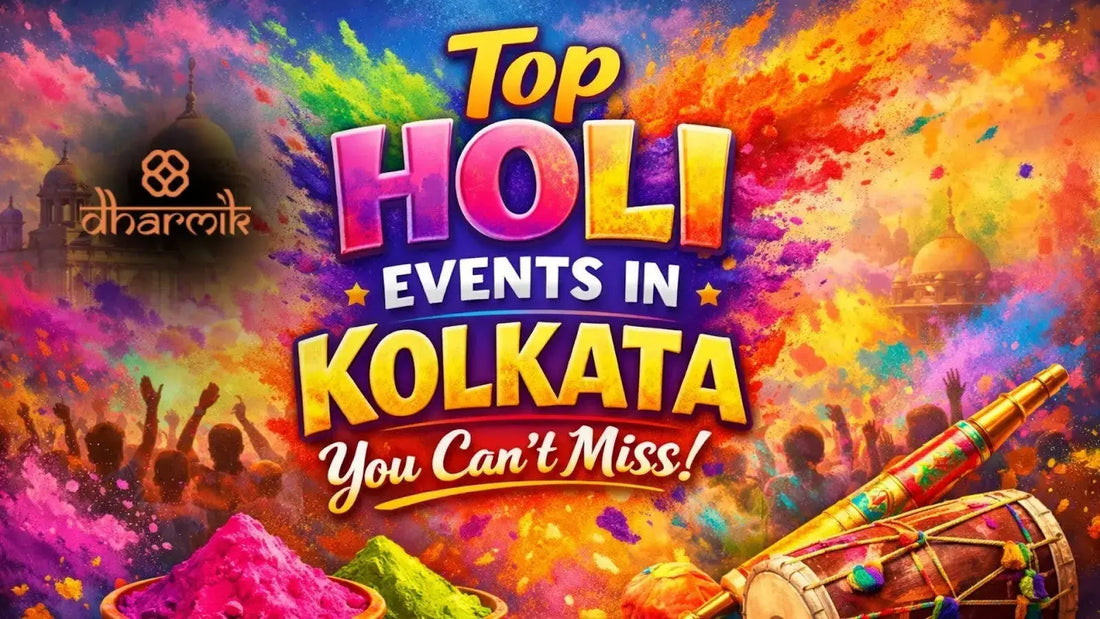 Colorful Holi celebration thumbnail showing vibrant gulal powders, festive crowd playing Holi, dhol drum and pichkari in foreground, with Kolkata landmark in background and bold text “Top Holi Events in Kolkata You Can’t Miss”.