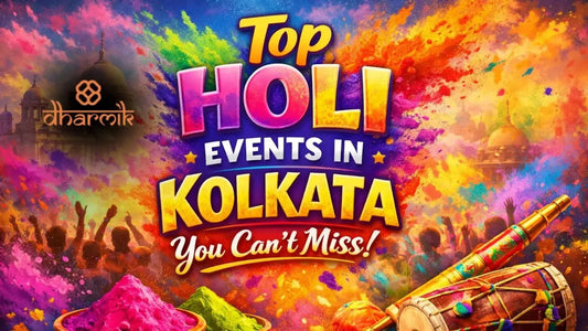 Colorful Holi celebration thumbnail showing vibrant gulal powders, festive crowd playing Holi, dhol drum and pichkari in foreground, with Kolkata landmark in background and bold text “Top Holi Events in Kolkata You Can’t Miss”.