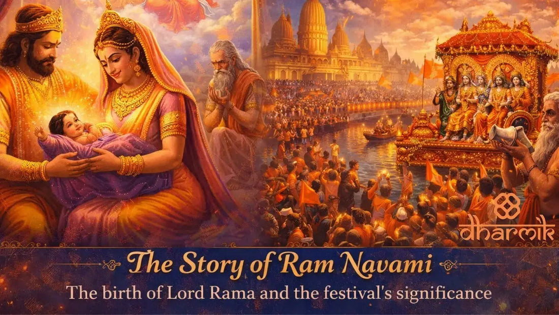 Illustration of the Story of Ram Navami showing the birth of Lord Rama with King Dasharatha and Queen Kaushalya, along with Ayodhya celebrations and devotional procession scenes.