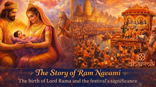 Illustration of the Story of Ram Navami showing the birth of Lord Rama with King Dasharatha and Queen Kaushalya, along with Ayodhya celebrations and devotional procession scenes.