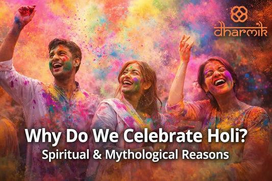 People joyfully celebrating Holi with vibrant coloured powder in the air, symbolising the spiritual and mythological reasons for celebrating Holi in India, with a festive devotional atmosphere.