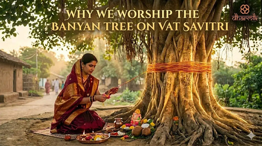 A married Hindu woman ties sacred thread and performs puja around a Banyan tree, symbolizing marital devotion, long life, and spiritual faith in Indian tradition