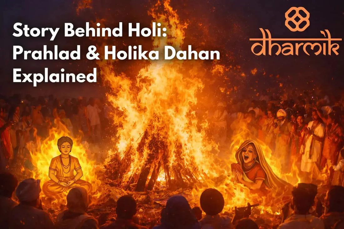 Illustration of Holika Dahan showing Prahlad calmly seated in devotion while Holika burns in a large sacred bonfire, surrounded by devotees celebrating the spiritual story behind Holi.