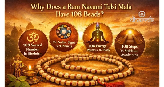 Ram Navami Tulsi mala with 108 beads showing spiritual significance, zodiac connection, energy points, and path to awakening
