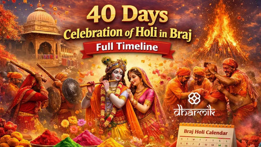 40 days celebration of Holi in Braj showing Lathmar Holi, Radha Krishna, Holika Dahan, colorful gulal, and Braj Holi calendar timeline.