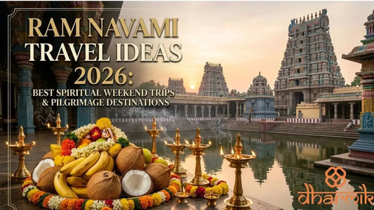 A majestic traditional Hindu temple stands tall in the background under a clear sky, decorated with festive saffron flags for Ram Navami.