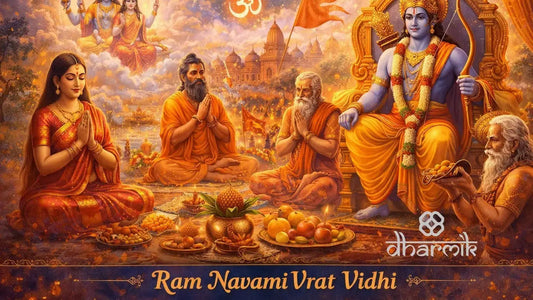 Illustration of Lord Rama with devotees performing Ram Navami puja, offering fruits and prayers in a spiritual setting with traditional rituals and divine imagery.