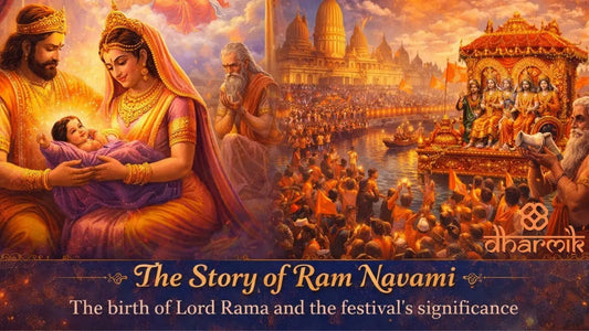 Illustration of the Story of Ram Navami showing the birth of Lord Rama with King Dasharatha and Queen Kaushalya, along with Ayodhya celebrations and devotional procession scenes.