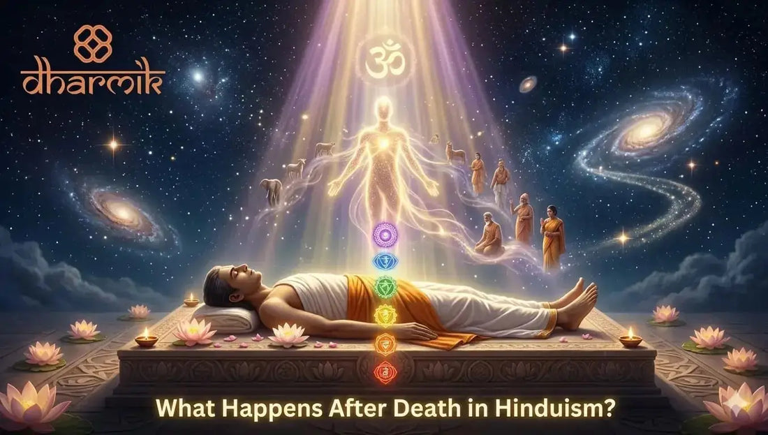 A spiritual depiction of the soul leaving the human body and beginning its journey after death according to Hindu beliefs.