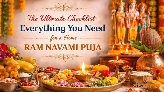 Ram Navami puja setup at home with kalash, diya, flowers, fruits, and Lord Ram idol