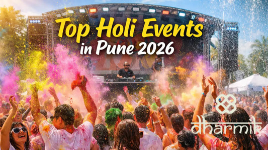 Crowd celebrating Holi at a large outdoor music festival in Pune 2026, with a DJ on stage and people throwing vibrant colored powder in the air.