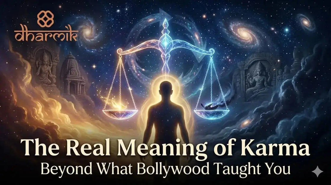 Spiritual illustration of karma concept showing balance of actions, cosmic energy, and life cycle representing Hindu philosophy of karma beyond Bollywood myths