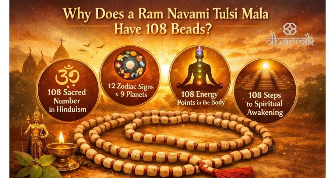 Ram Navami Tulsi mala with 108 beads showing spiritual significance, zodiac connection, energy points, and path to awakening