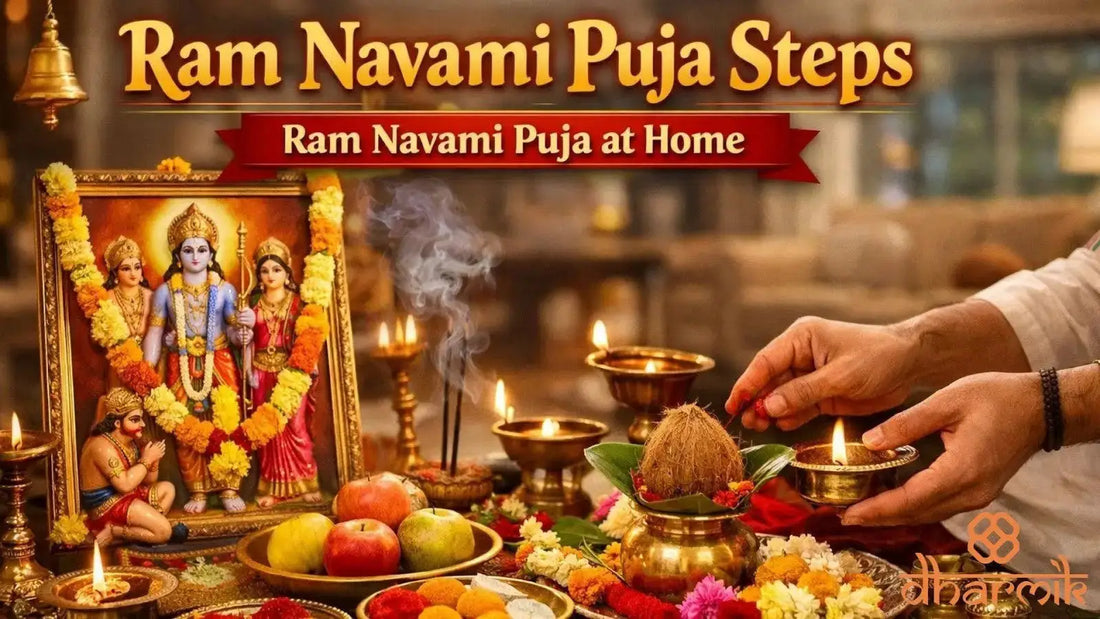 A traditional Ram Navami puja setup in the foreground with offerings of flowers and lamps, set against the backdrop of a grand, intricately carved Hindu temple under a clear sky