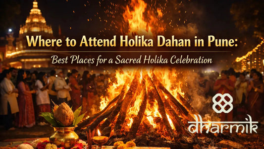 Holika Dahan celebration in Pune with a large sacred bonfire, devotees gathered in prayer, traditional puja items in the foreground, and a temple backdrop symbolizing a spiritual Holi ritual.
