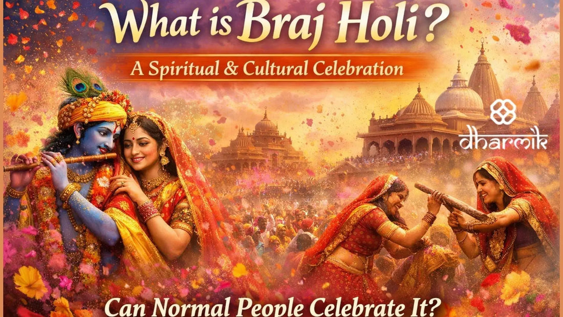 Illustration of Braj Holi celebration showing Lord Krishna and Radha amid vibrant colors, devotees playing Holi in traditional attire, and historic temples of Braj in the background, symbolizing spiritual and cultural festivities.