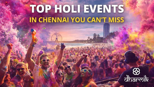 Crowded Holi celebration in Chennai with people dancing and throwing colorful powder near the beach, a DJ performing on stage, vibrant clouds of colors in the air, and bold text reading “Top Holi Events in Chennai You Can’t Miss.”