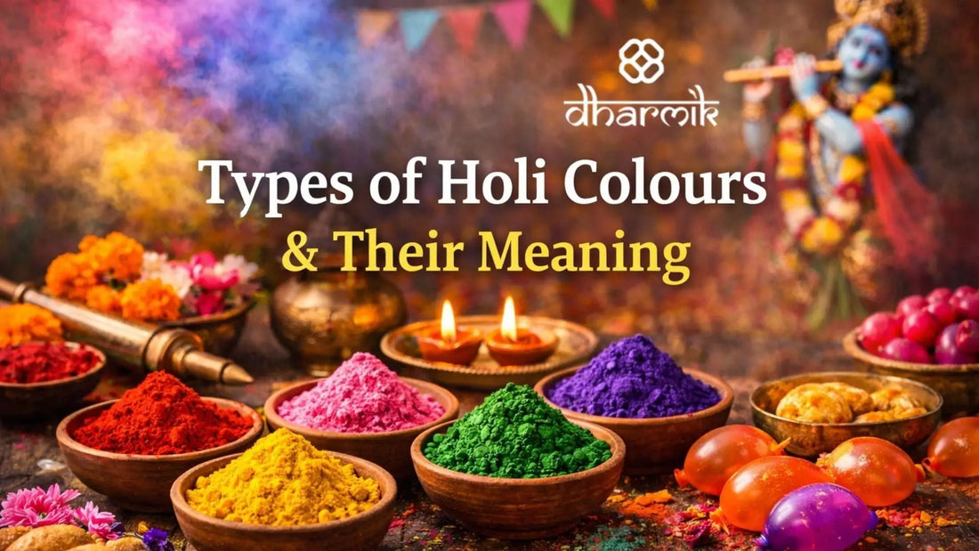 Types of Holi colours and their meaning shown through traditional gulal, diyas, and Lord Krishna during Holi celebration
