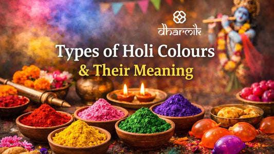 Types of Holi colours and their meaning shown through traditional gulal, diyas, and Lord Krishna during Holi celebration