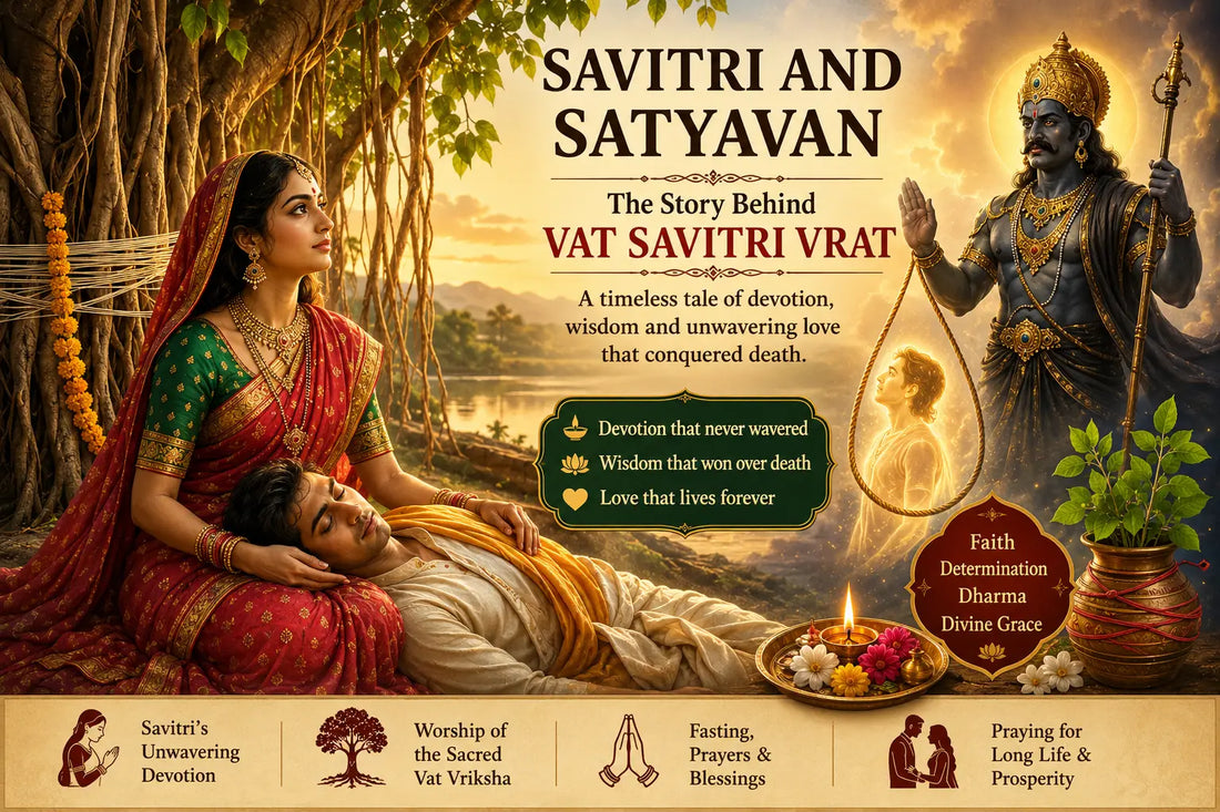 Savitri and Satyavan under sacred banyan tree with Yamraj symbolizing Vat Savitri Vrat devotion, faith, and victory over death in Hindu mythology