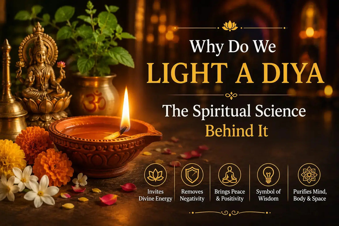 Traditional clay diya glowing during Hindu puja with Tulsi plant, goddess idol, marigold flowers, and spiritual temple background symbolizing positivity and divine energy